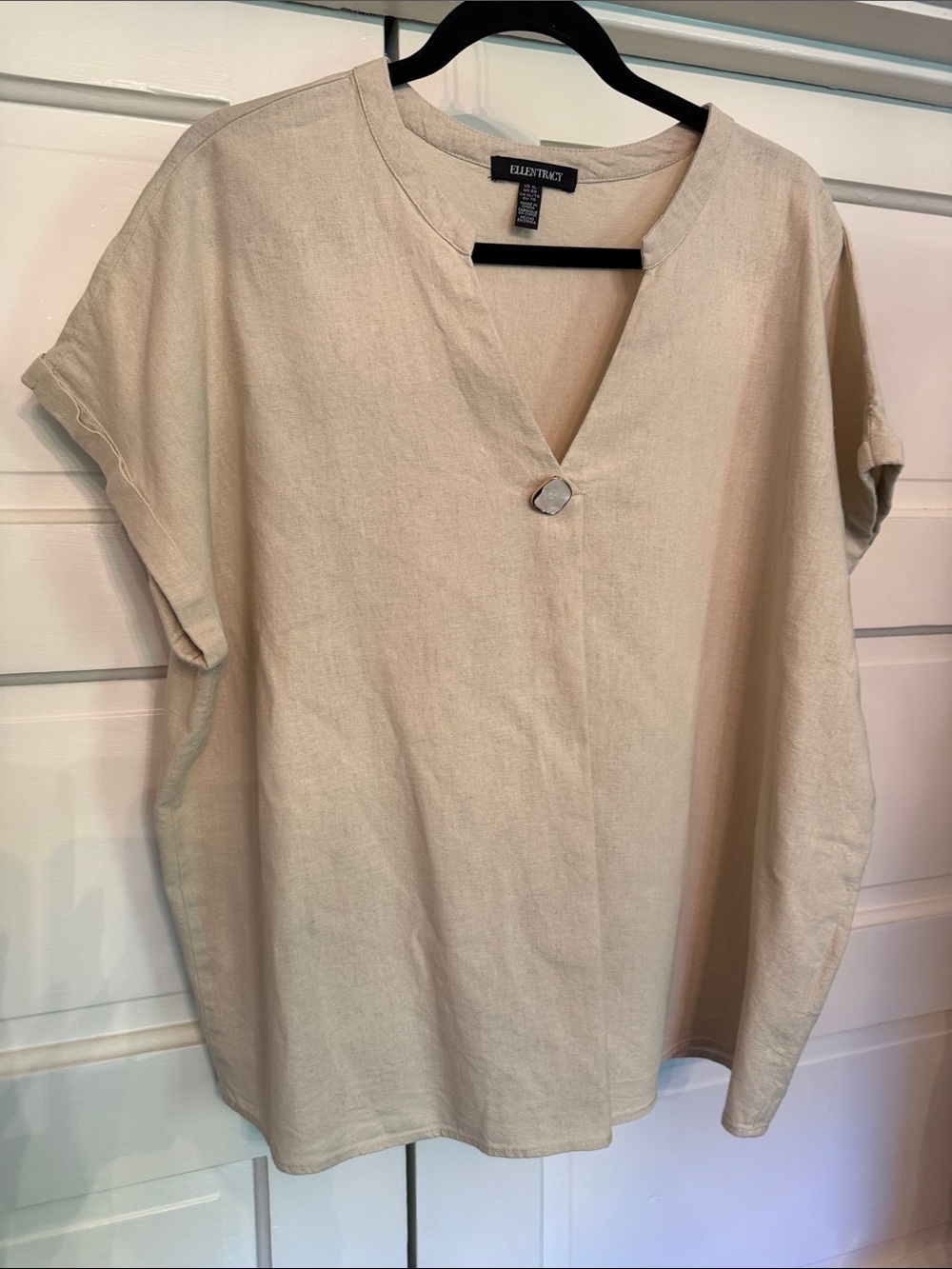 Linen Blend Lagenlook Boxy Cropped Top Architectural Button Ellen Tracy XL